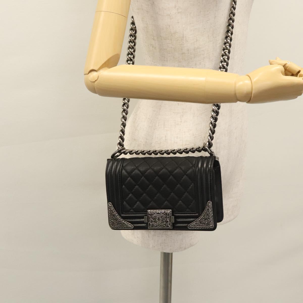 CHANEL Chain Matelasse Boy Chanel Shoulder Bag Lamb Skin Black CC Auth BA244S