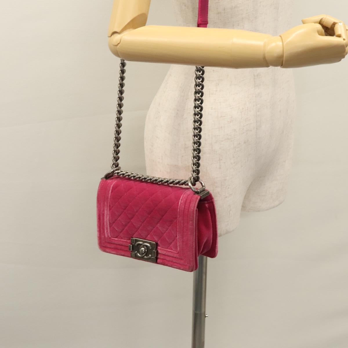 CHANEL Chain Boy Chanel Matelasse Shoulder Bag Velor Pink CC Auth BA245