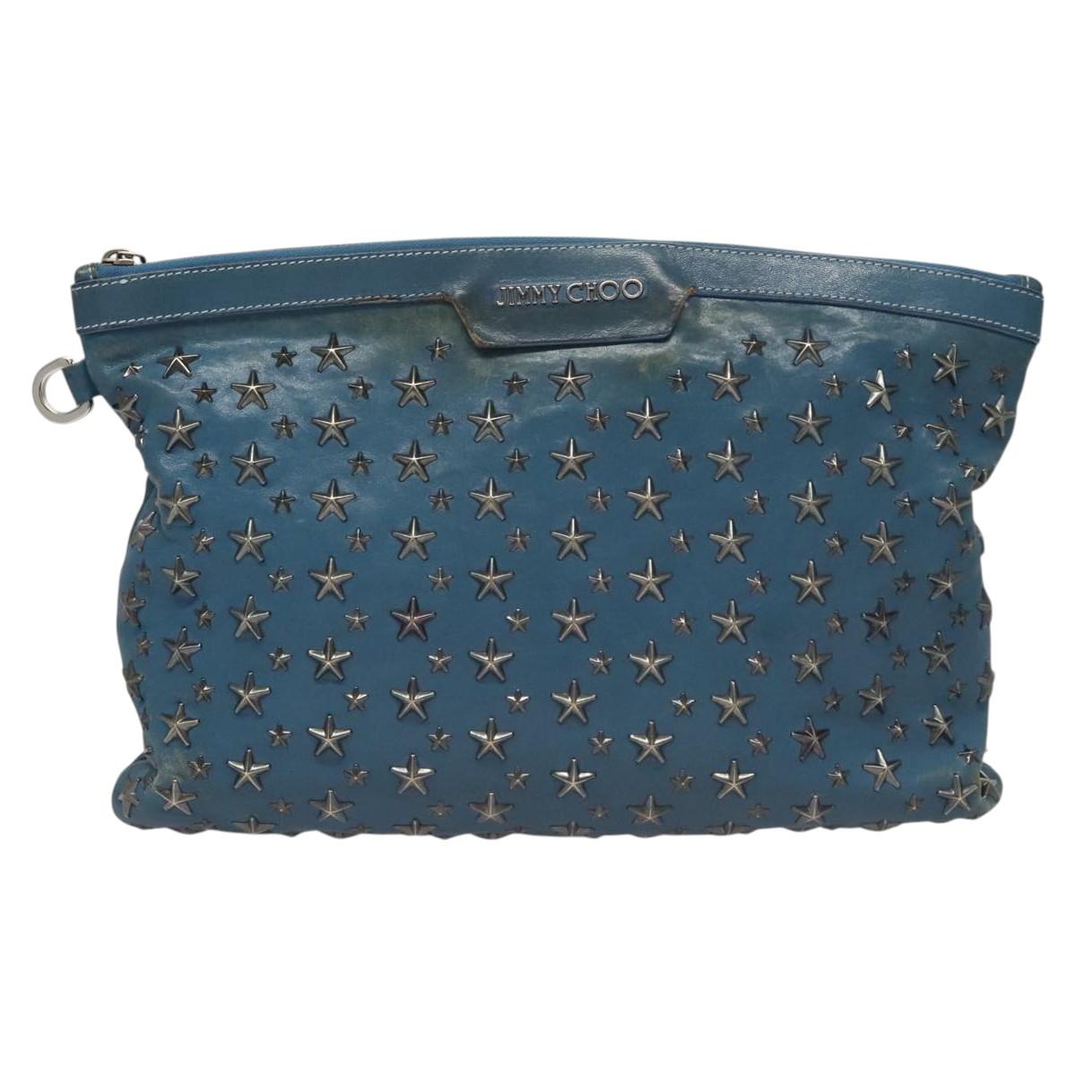 Jimmy Choo Studs Clutch Bag Leather Blue Silver Auth BA2456
