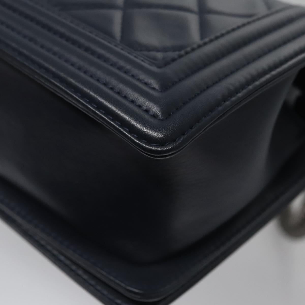 CHANEL Chain Matelasse Boy Chanel Shoulder Bag Lamb Skin Navy CC Auth BA246AM