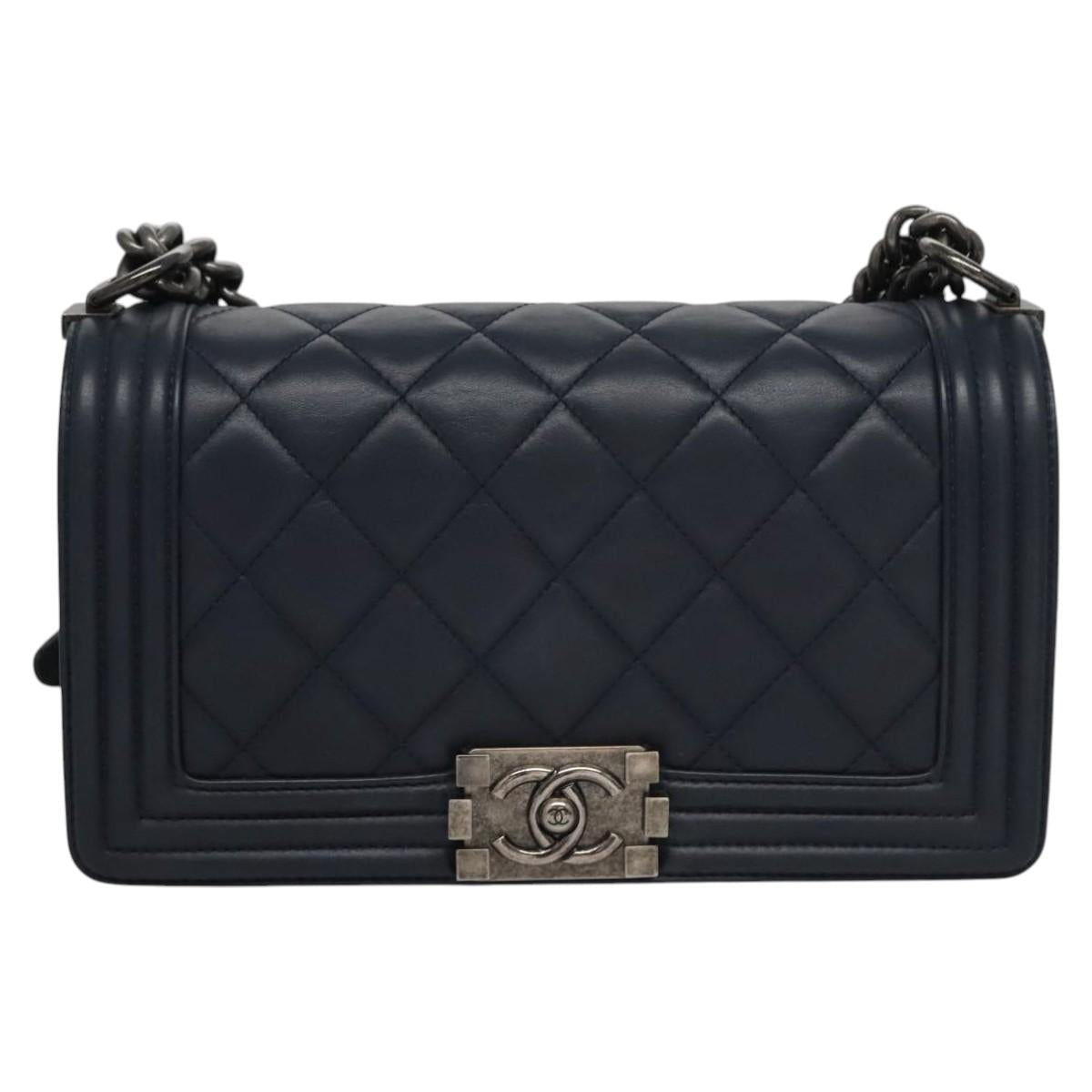 CHANEL Chain Matelasse Boy Chanel Shoulder Bag Lamb Skin Navy CC Auth BA246AM