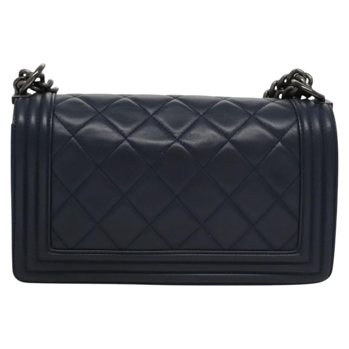 CHANEL Chain Matelasse Boy Chanel Shoulder Bag Lamb Skin Navy CC Auth BA246AM