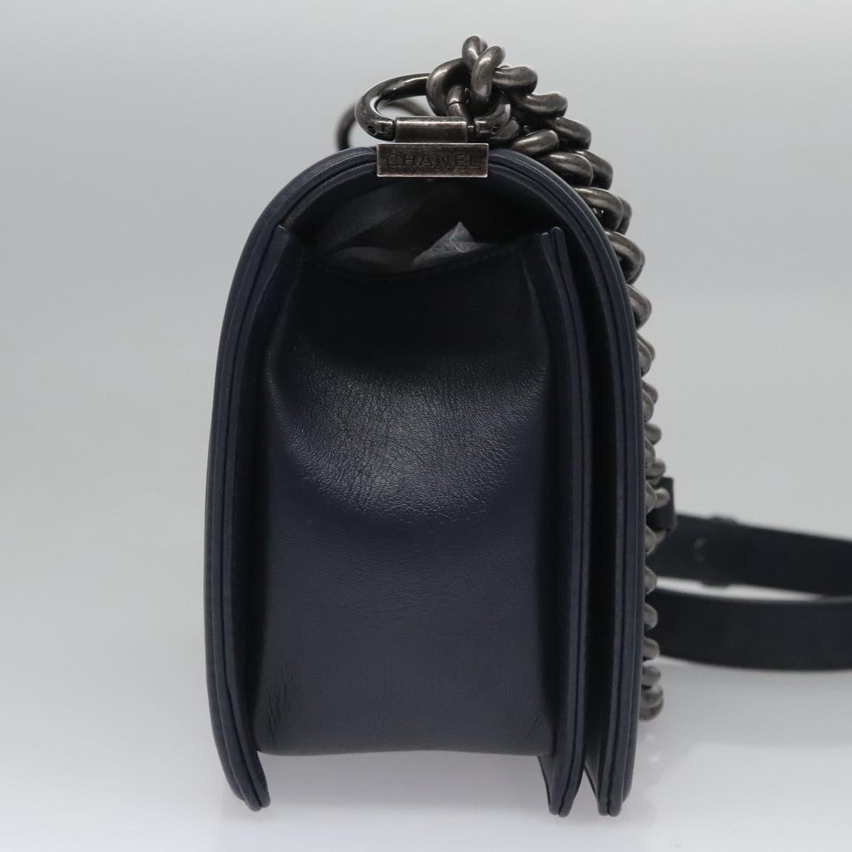 CHANEL Chain Matelasse Boy Chanel Shoulder Bag Lamb Skin Navy CC Auth BA246AM