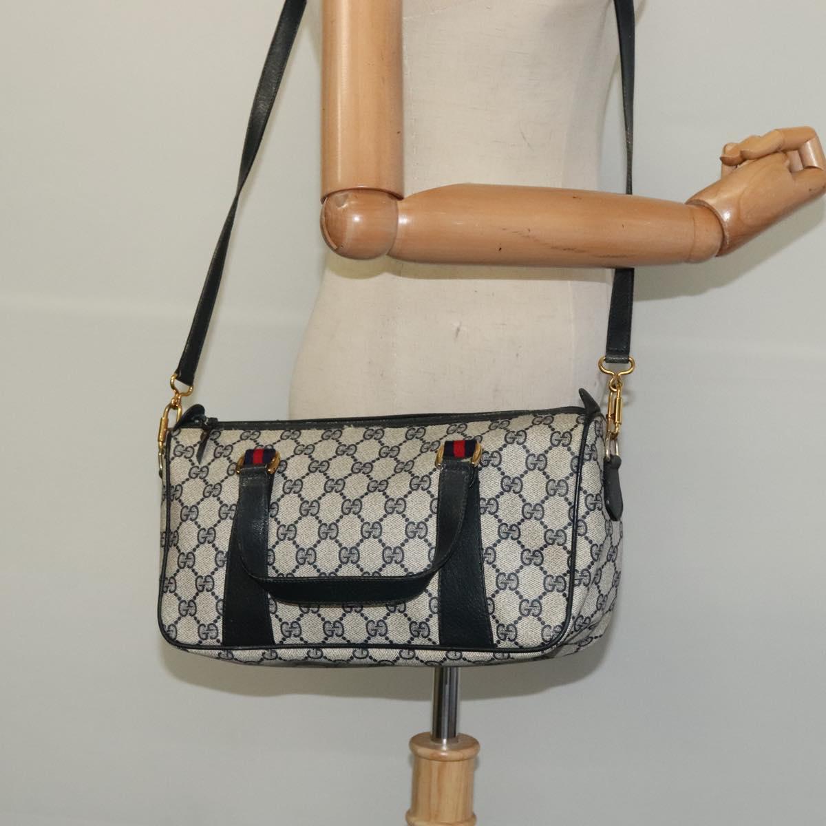 GUCCI GG Supreme Sherry Line Bag PVC 2way Navy Gold 39 02 040 Auth BA2475