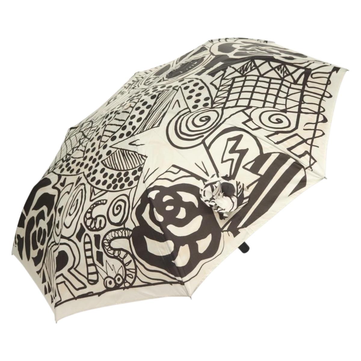 CHANEL Folding Umbrella Nylon White Black CC Auth BA2522