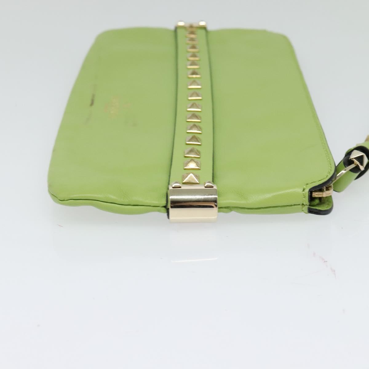 VALENTINO Studs Clutch Bag Leather Gold Light green Auth BA2541