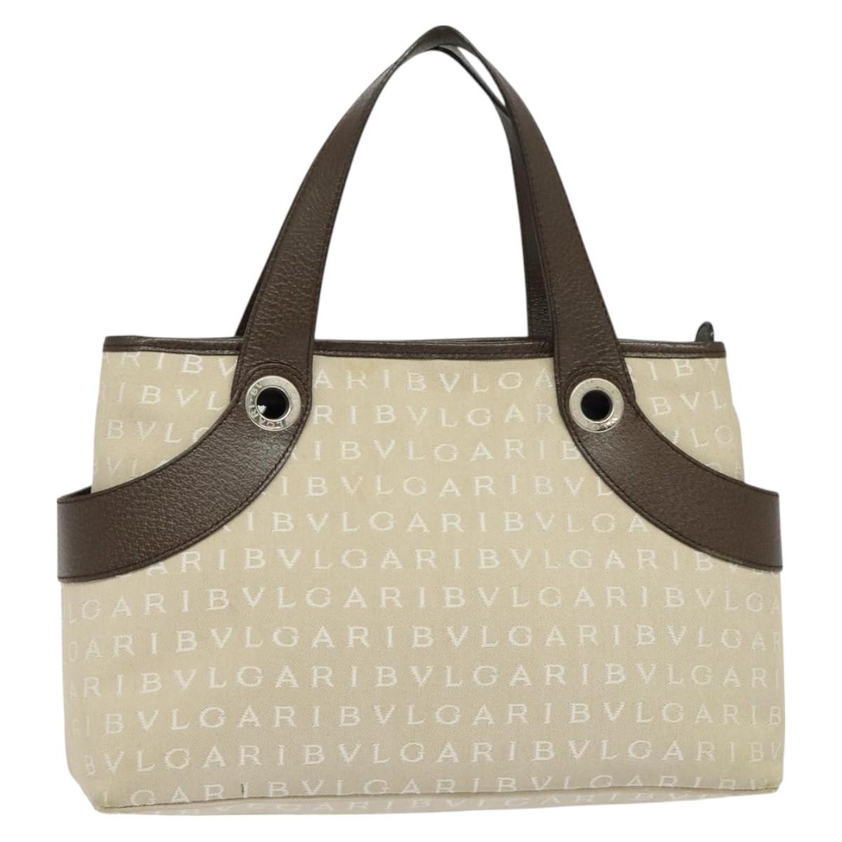 BVLGARI Logo Mania Tote Bag Canvas Beige Silver Auth BA2559