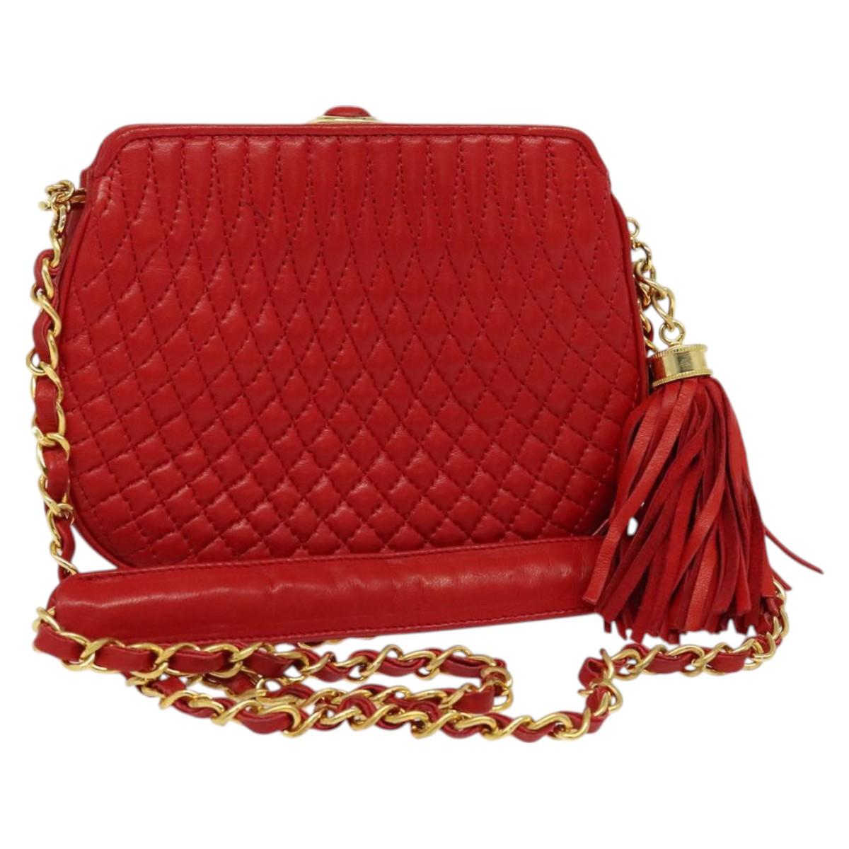 BALLY Chain Shoulder Bag Leather Red Gold Auth BA2568