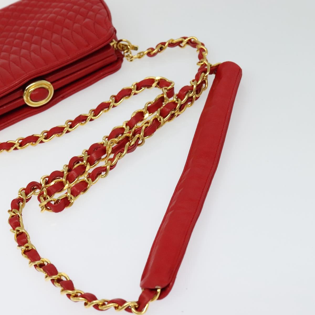 BALLY Chain Shoulder Bag Leather Red Gold Auth BA2568