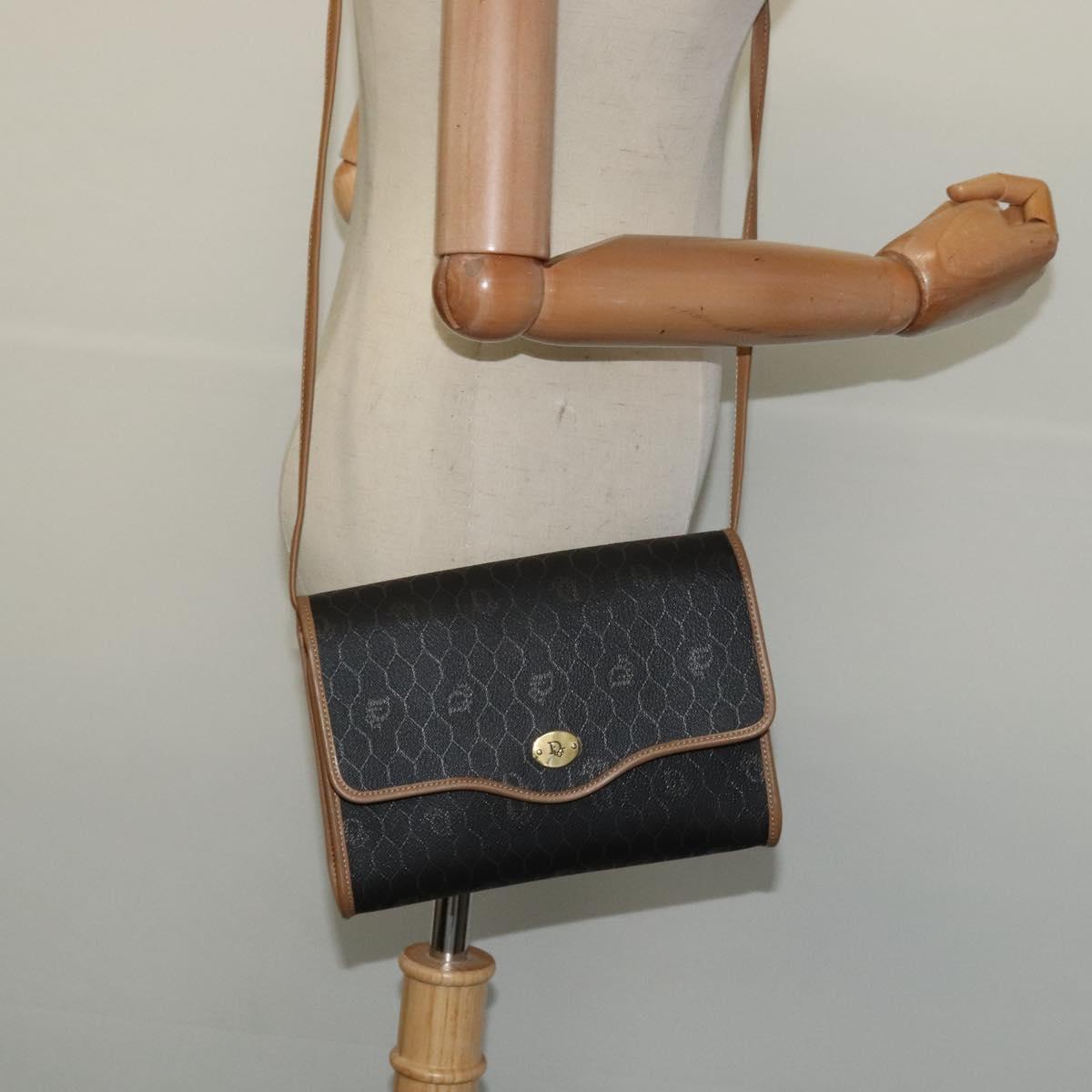 Christian Dior Honeycomb Canvas Shoulder Bag PVC Black Gold Auth BA2589