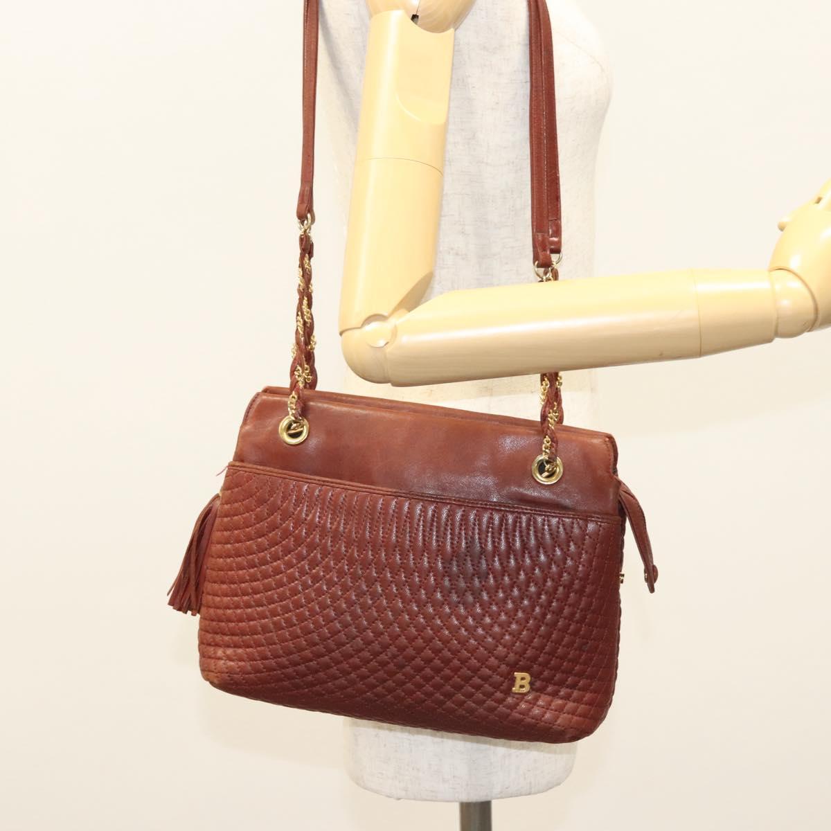 BALLY Quilted Chain Shoulder Bag Leather Brown Gold Auth BA2645