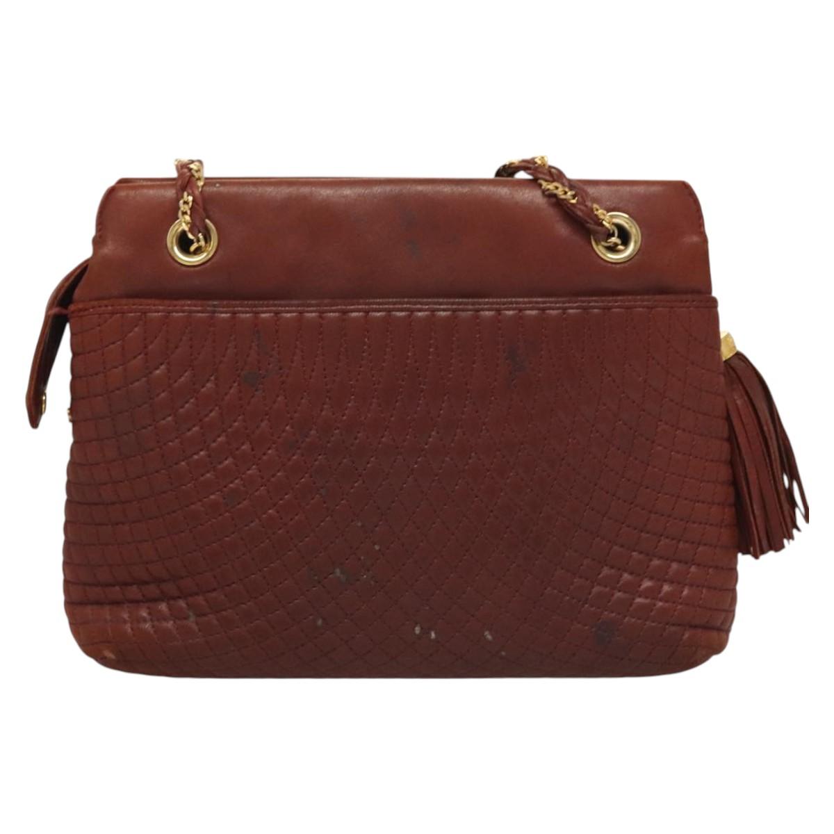 BALLY Quilted Chain Shoulder Bag Leather Brown Gold Auth BA2645