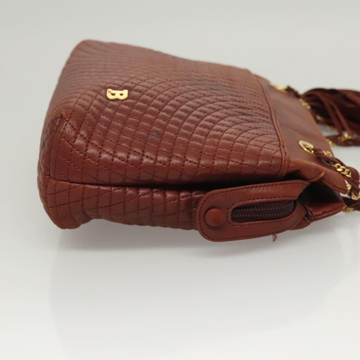 BALLY Quilted Chain Shoulder Bag Leather Brown Gold Auth BA2645