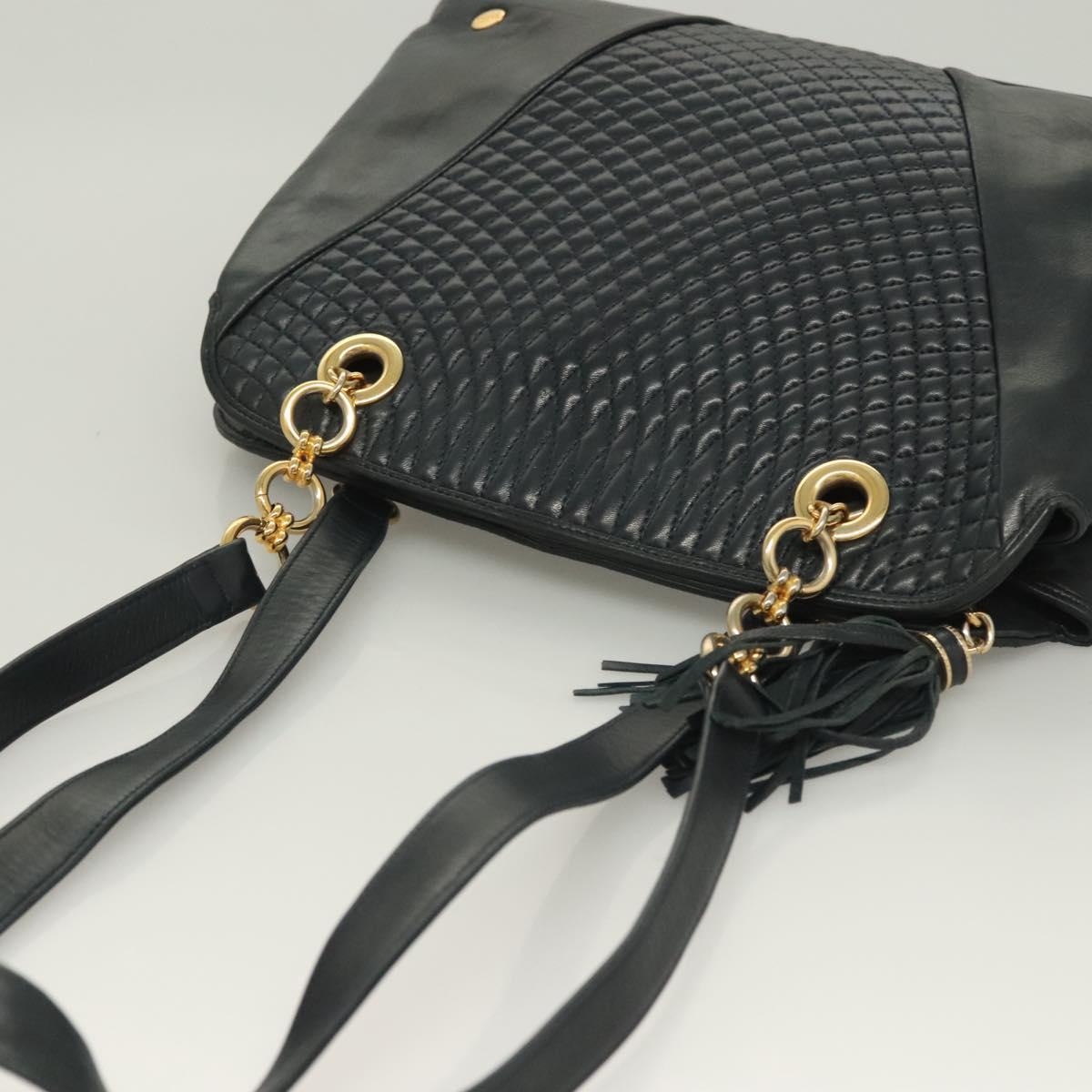 BALLY Quilted Chain Shoulder Bag Leather Navy Gold Auth BA2658