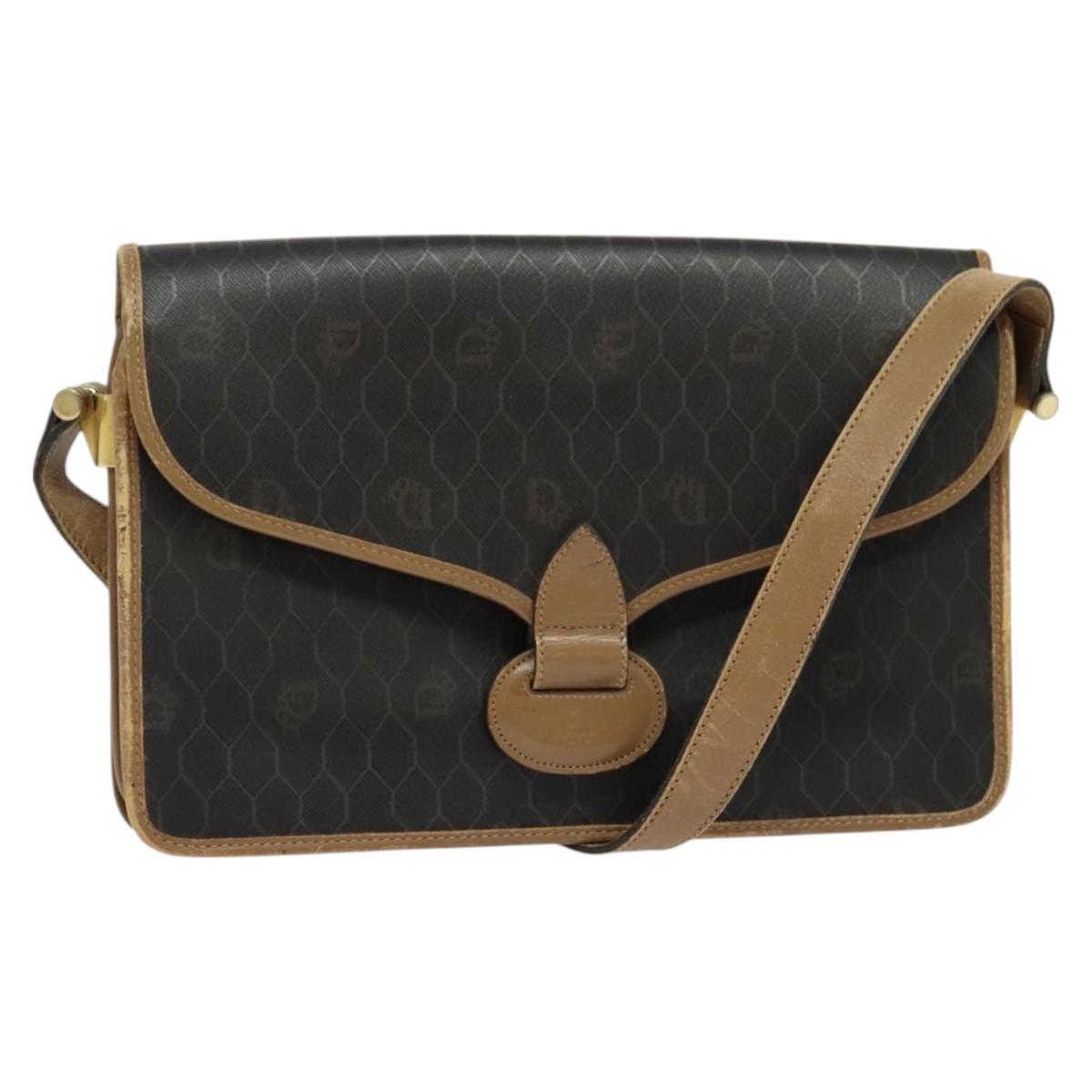 Christian Dior Honeycomb Canvas Shoulder Bag PVC Brown Gold Auth BA2701