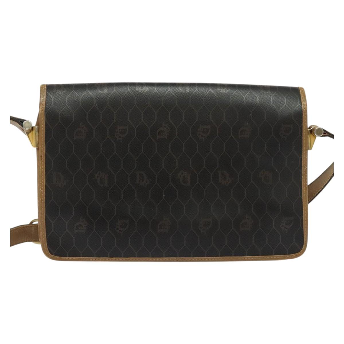 Christian Dior Honeycomb Canvas Shoulder Bag PVC Brown Gold Auth BA2701