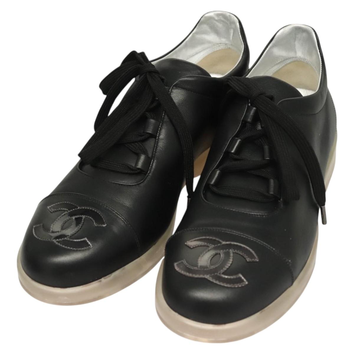 CHANEL Sneakers Lamb Skin 39 Black CC Auth BA2712