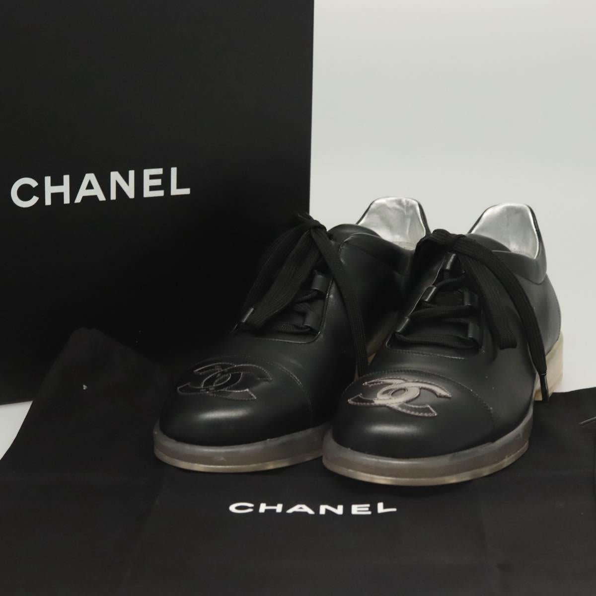 CHANEL Sneakers Lamb Skin 39 Black CC Auth BA2712