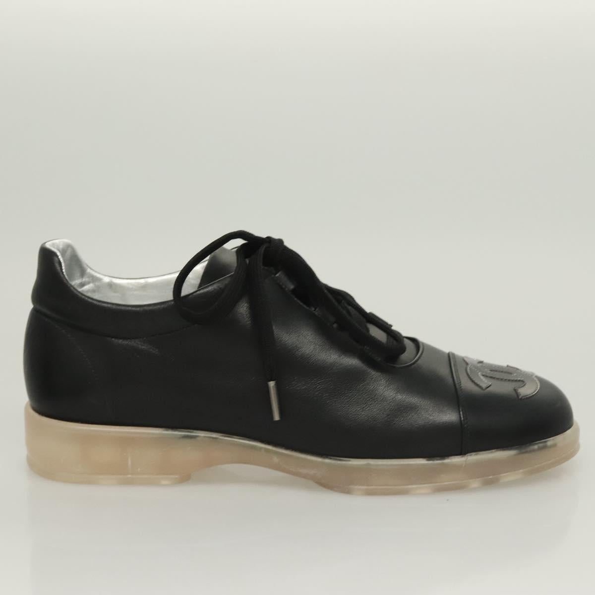 CHANEL Sneakers Lamb Skin 39 Black CC Auth BA2712