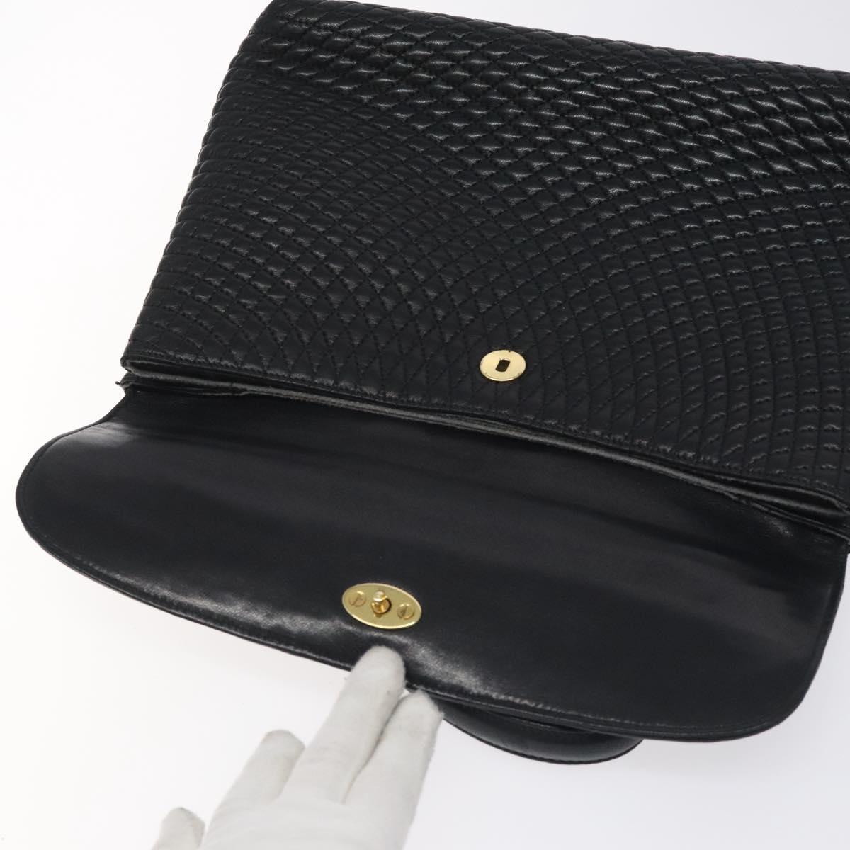 BALLY Quilted Hand Bag Leather Black Gold Auth BA2725