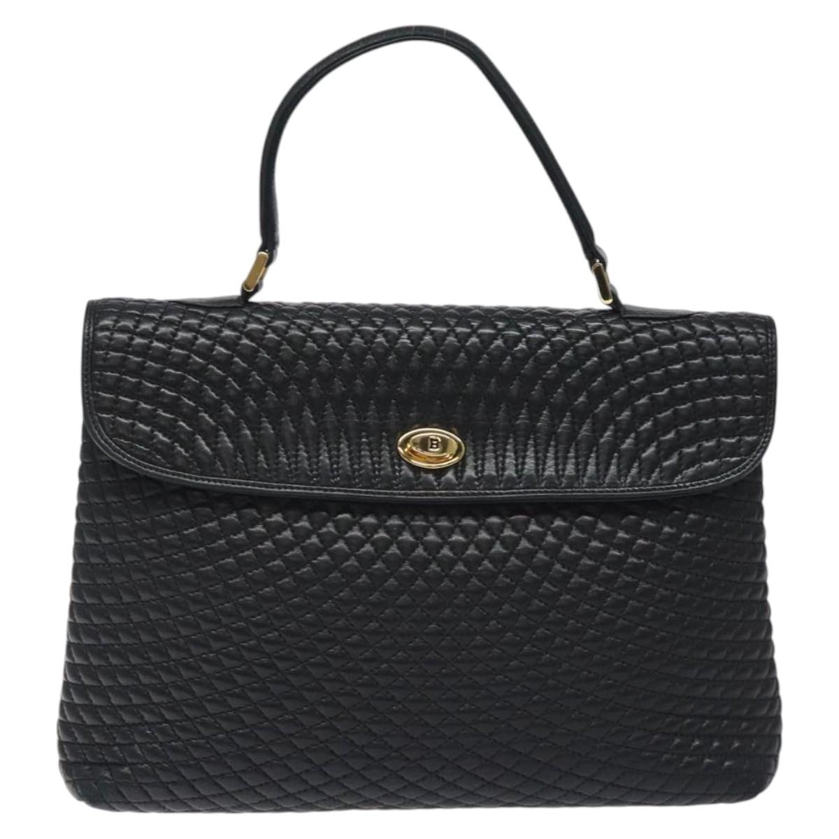 BALLY Quilted Hand Bag Leather Black Gold Auth BA2725