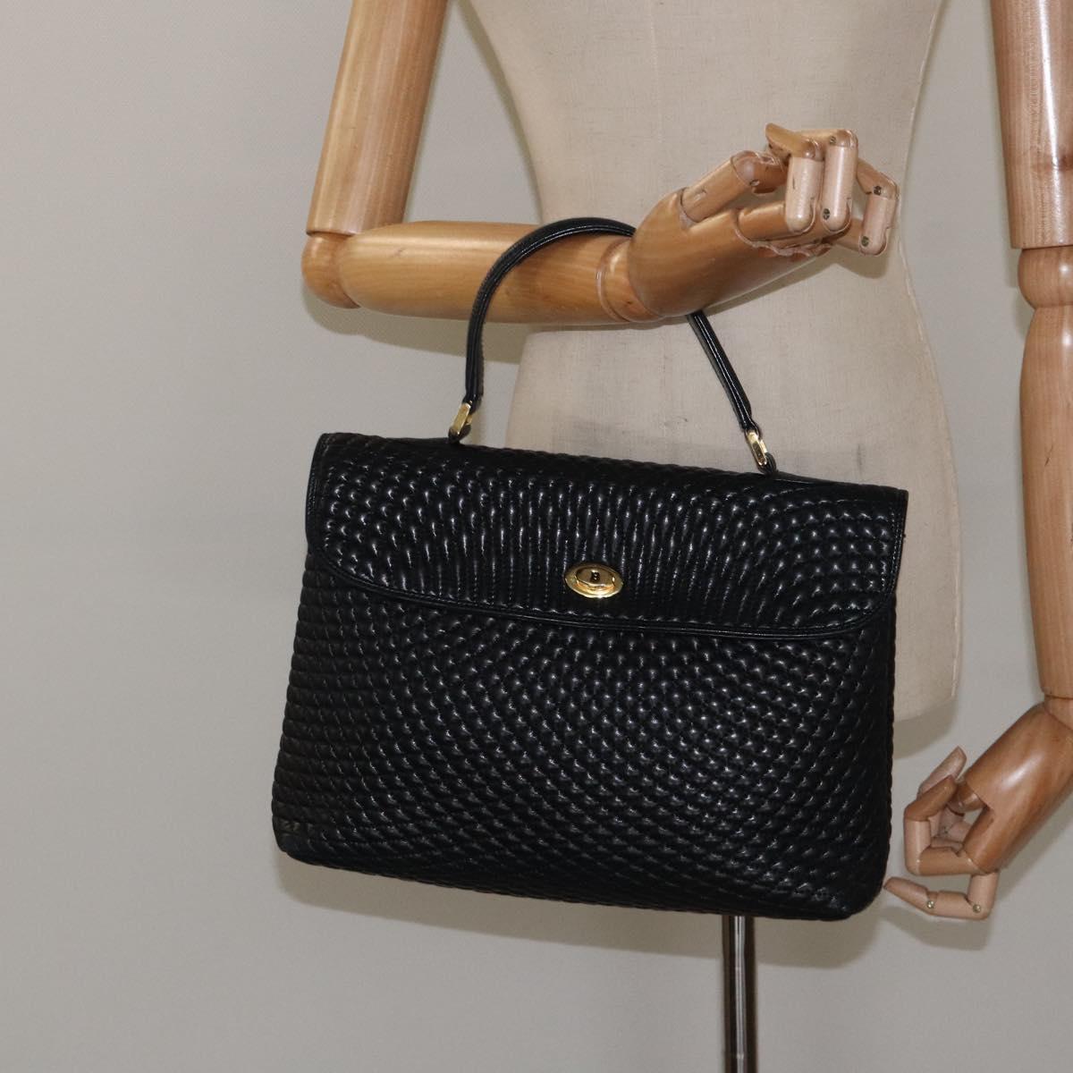 BALLY Quilted Hand Bag Leather Black Gold Auth BA2725