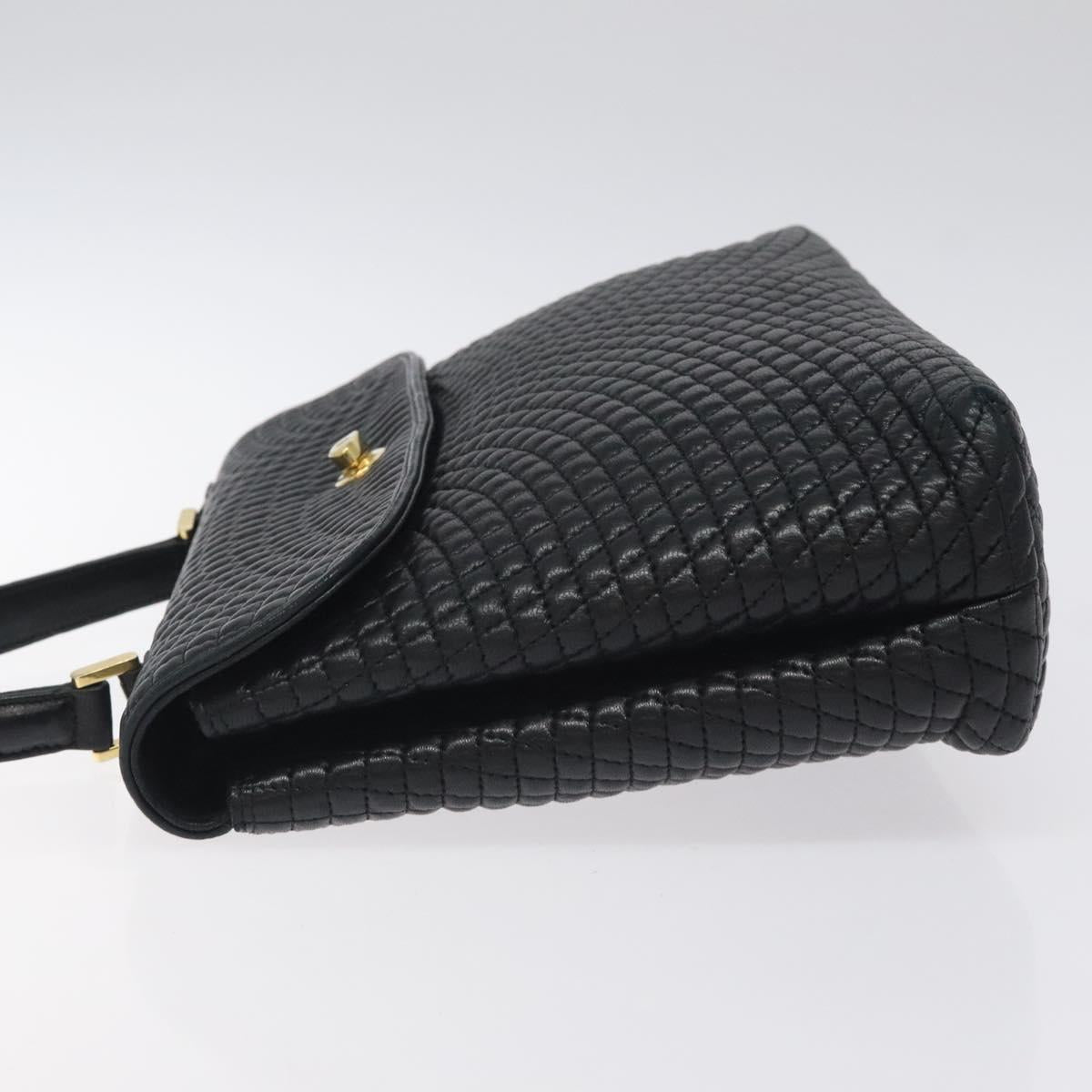 BALLY Quilted Hand Bag Leather Black Gold Auth BA2725
