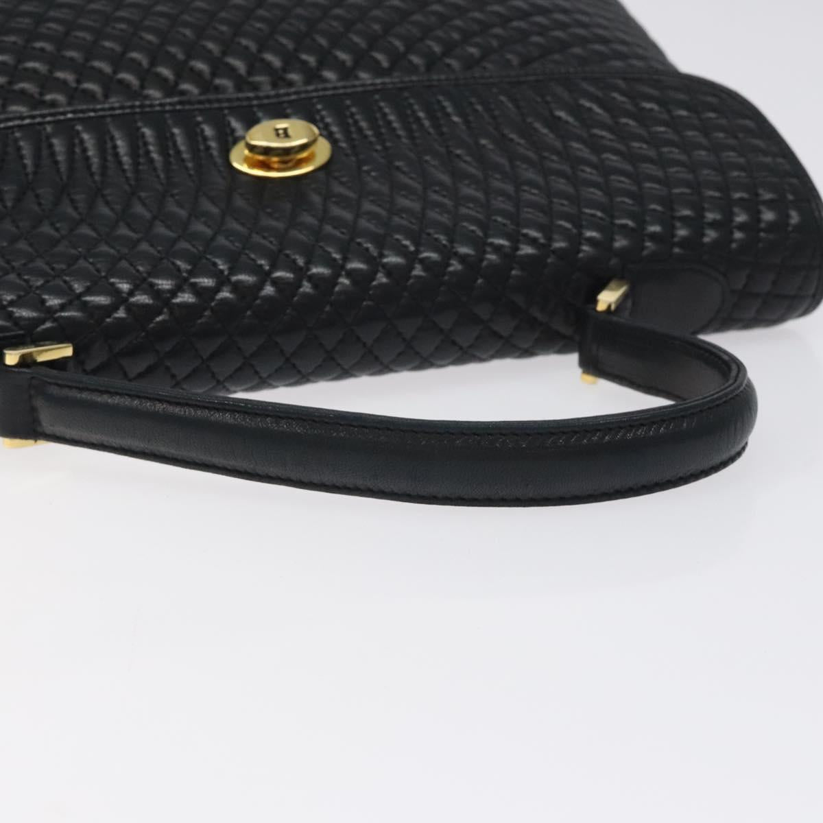BALLY Quilted Hand Bag Leather Black Gold Auth BA2725