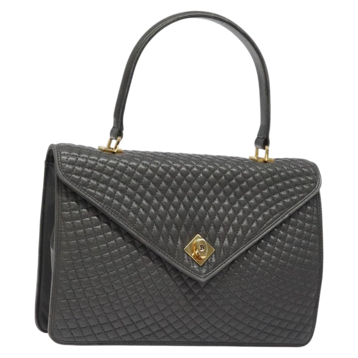 BALLY Quilted Hand Bag Leather Gray Gold Auth BA2727