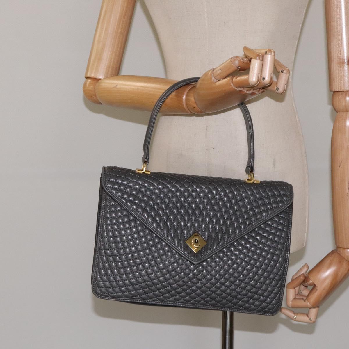 BALLY Quilted Hand Bag Leather Gray Gold Auth BA2727