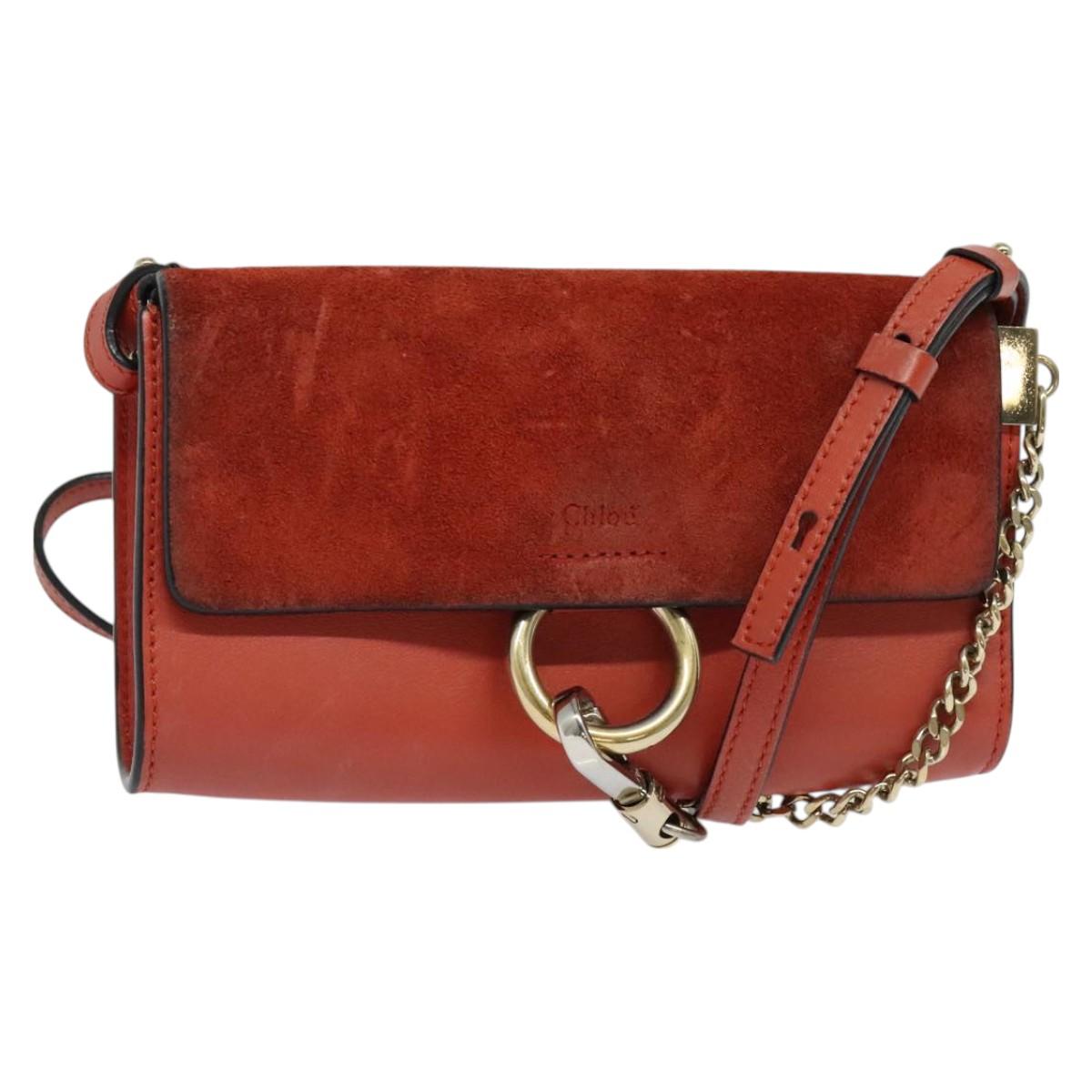 Chloe Faye Small Shoulder Bag Leather Suede Red Gold Auth BA2824