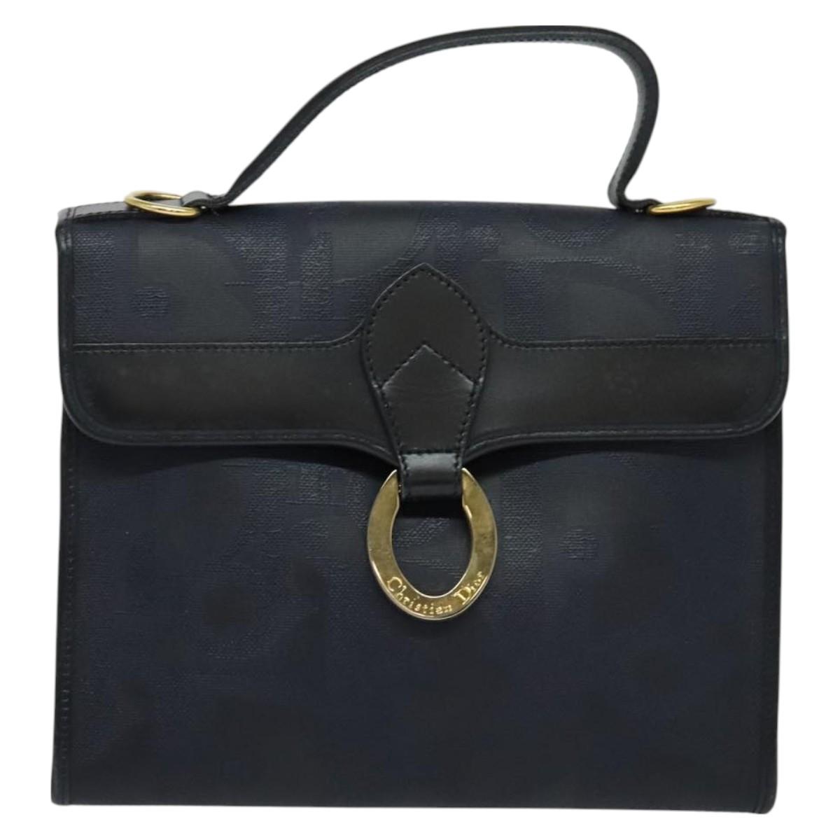 Christian Dior Trotter Canvas Hand Bag PVC 2way Navy Gold Auth BA2861