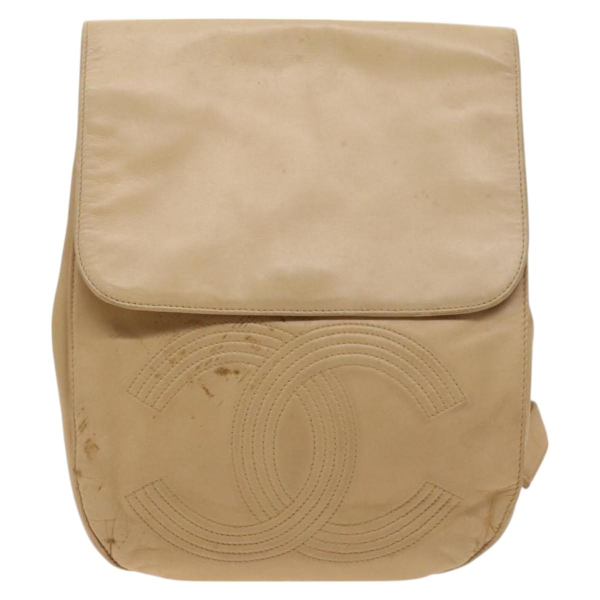 CHANEL COCO Mark Backpack Lamb Skin Beige Silver CC Auth BA2935