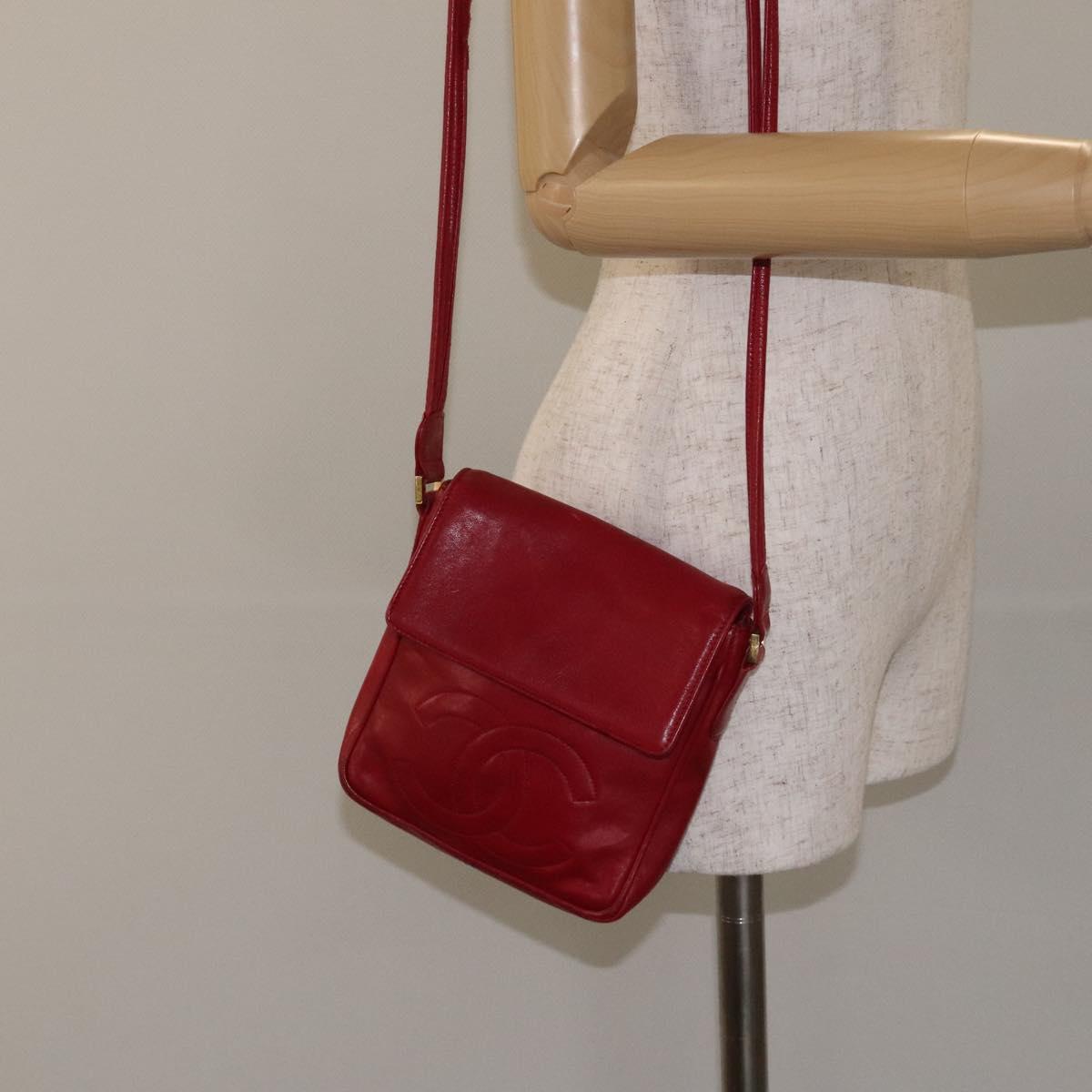 CHANEL COCO Mark Shoulder Bag Lamb Skin Red Gold CC Auth BA2939