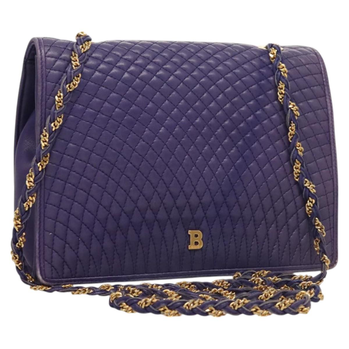 BALLY Quilted Shoulder Bag Leather Purple Gold Auth BA2961