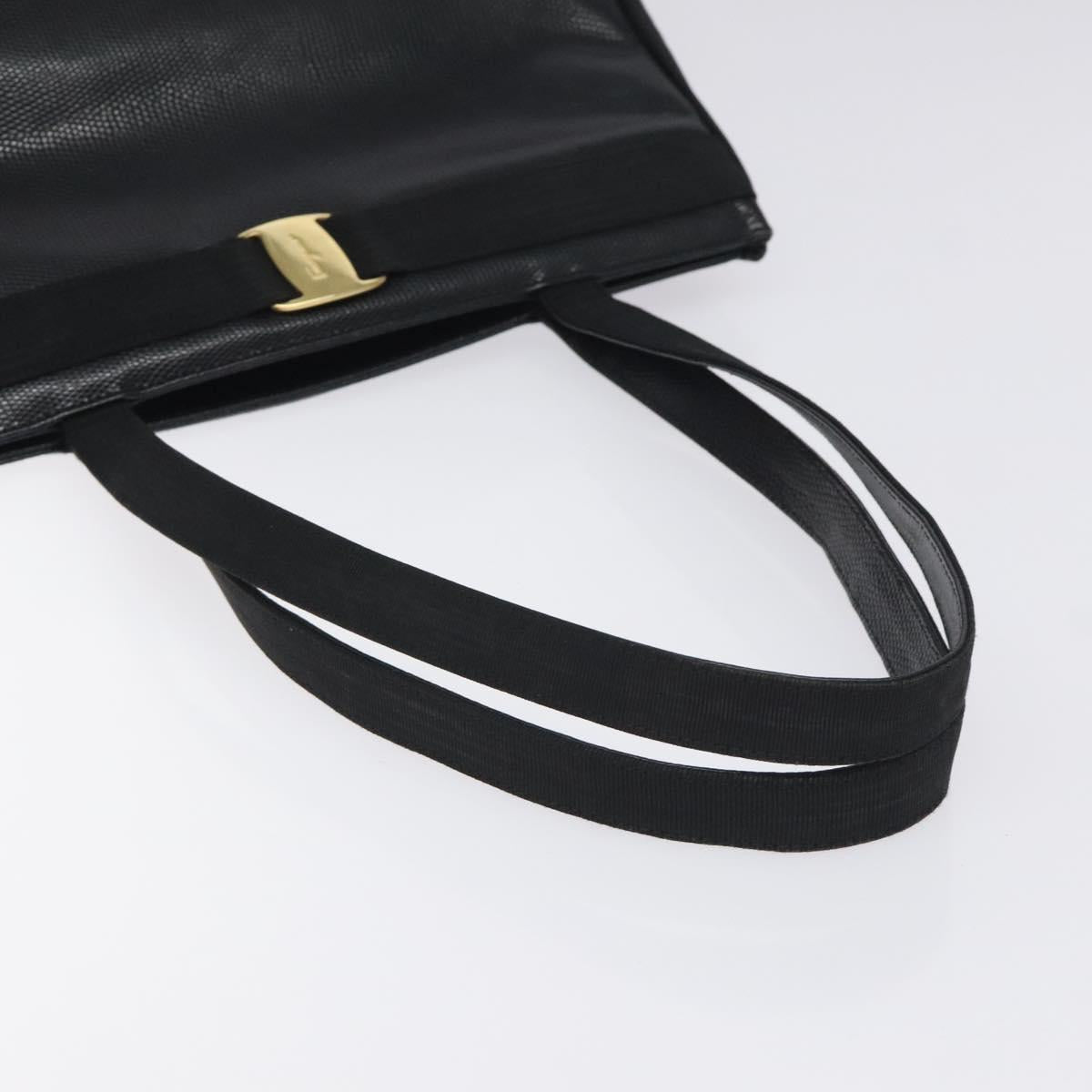 Salvatore Ferragamo Vera Tote Bag Embossed Leather Black Gold Auth BA2962