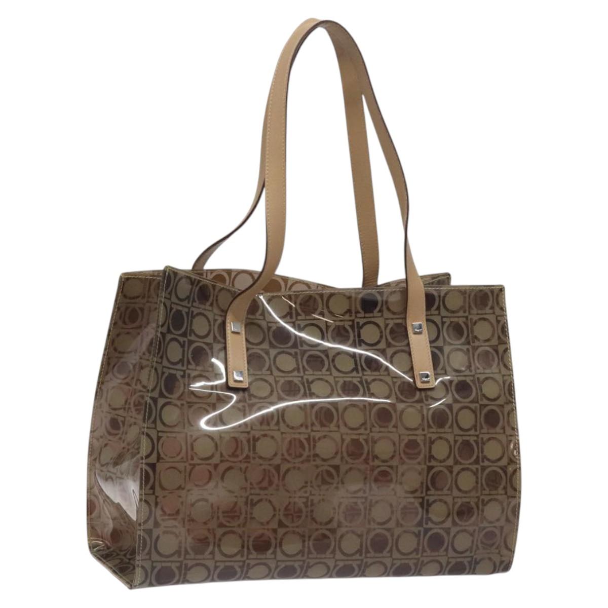 Salvatore Ferragamo Gancini Tote Bag Vinyl Brown Silver Auth BA2989