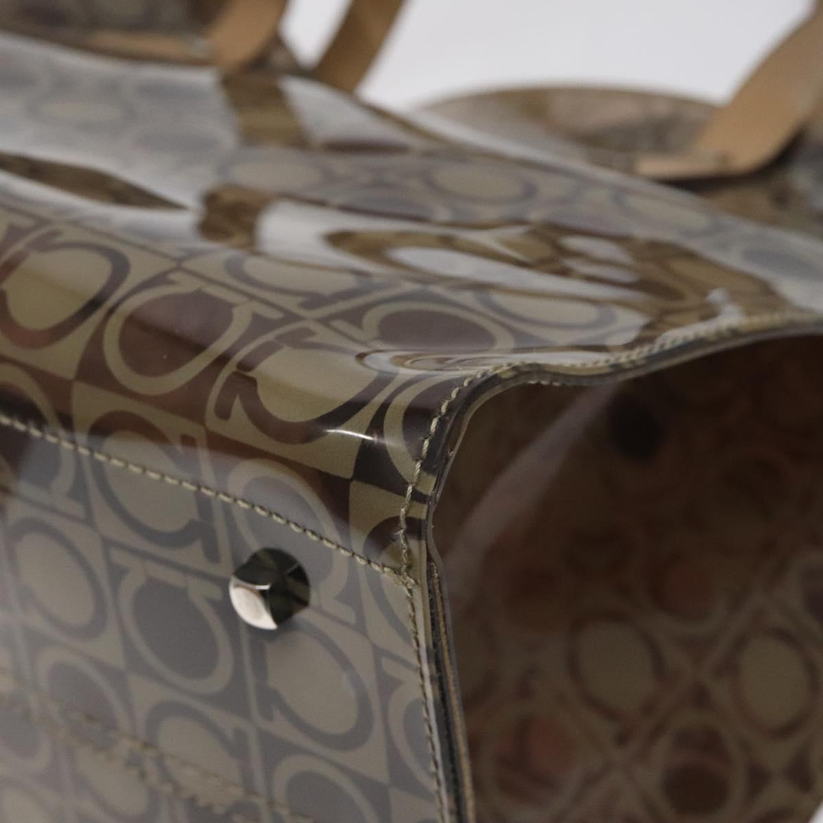 Salvatore Ferragamo Gancini Tote Bag Vinyl Brown Silver Auth BA2989
