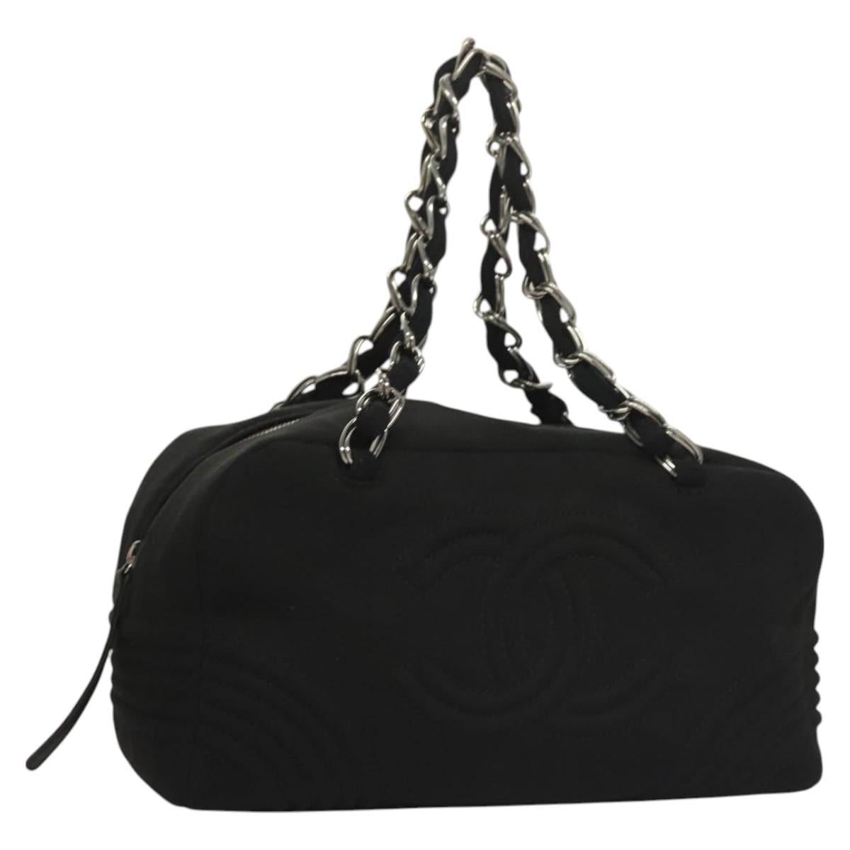 CHANEL Chain Shoulder Bag Cotton Black Silver CC Auth BA3021