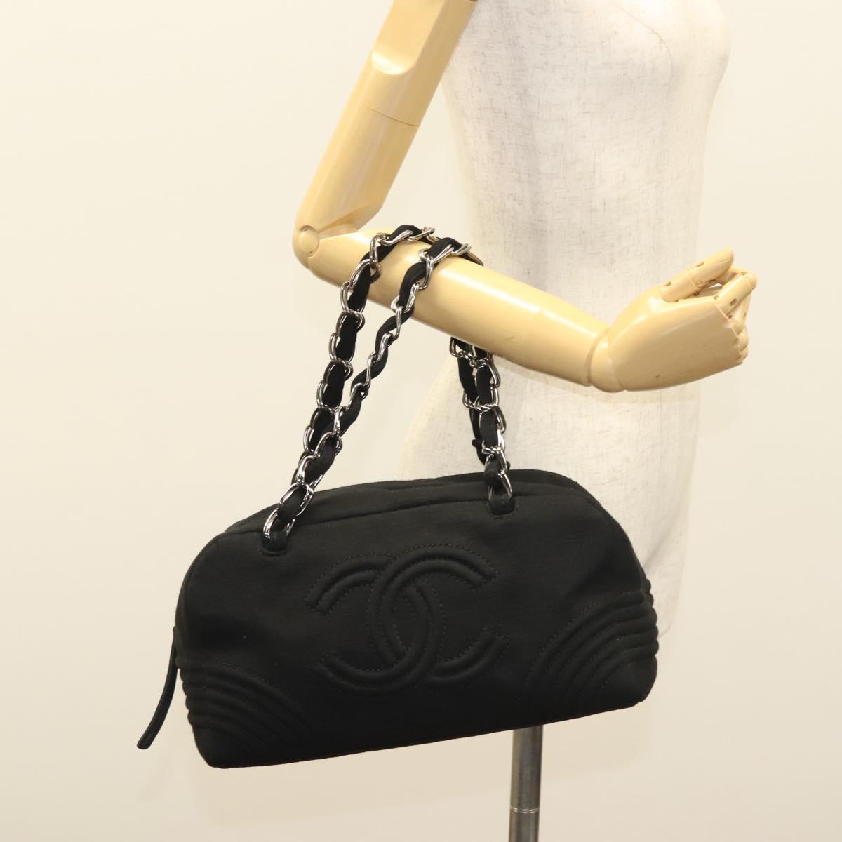 CHANEL Chain Shoulder Bag Cotton Black Silver CC Auth BA3021