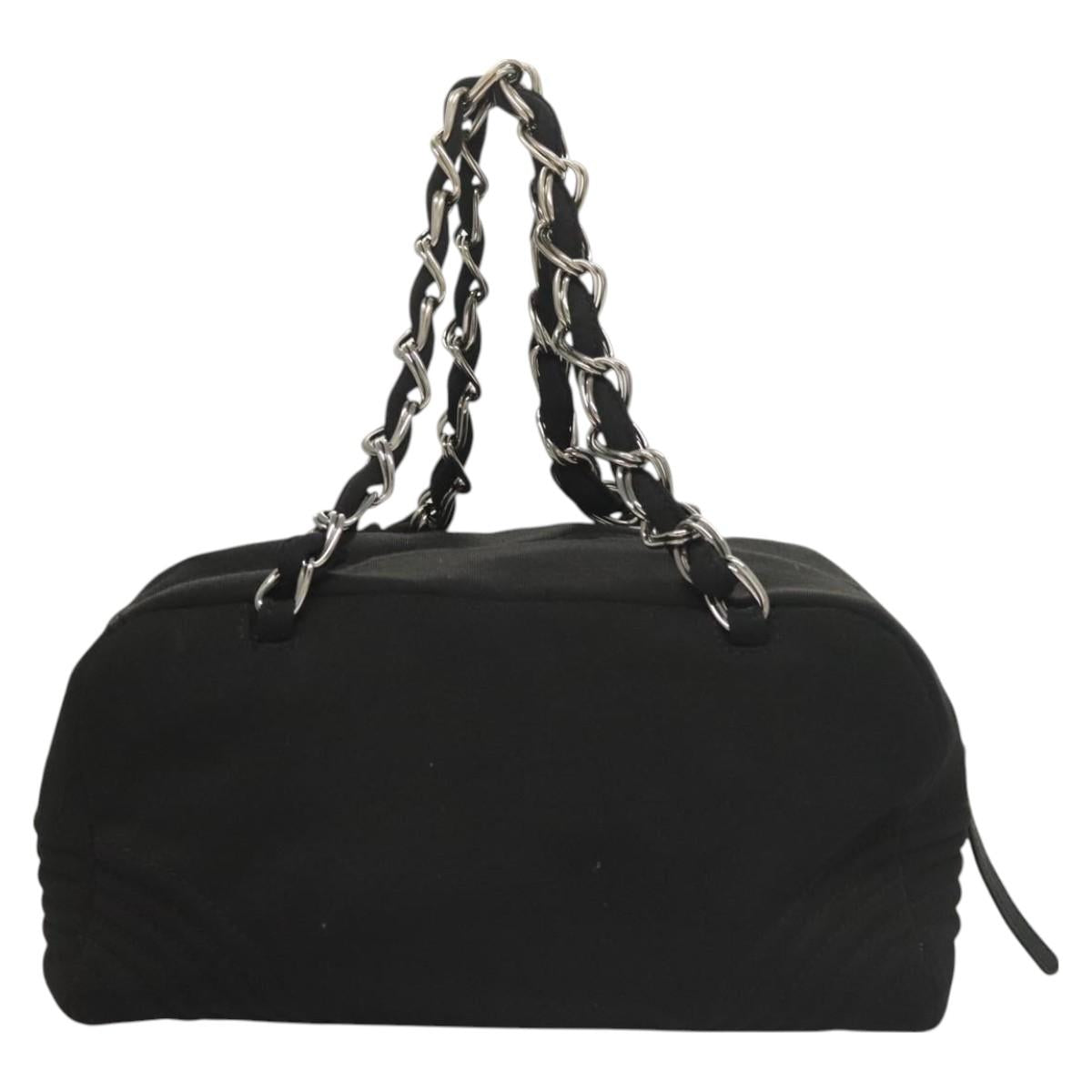 CHANEL Chain Shoulder Bag Cotton Black Silver CC Auth BA3021