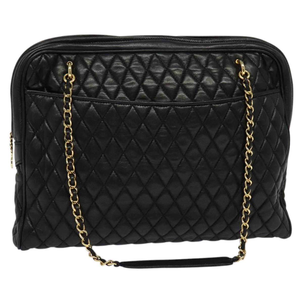BALLY Chain Quilted Shoulder Bag Leather Black Gold Auth BA3081