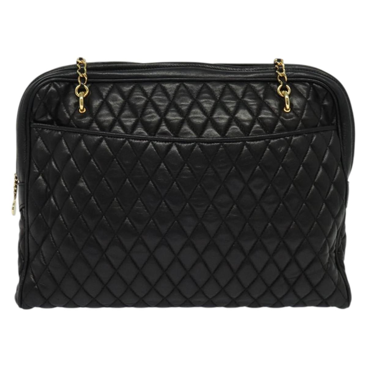 BALLY Chain Quilted Shoulder Bag Leather Black Gold Auth BA3081