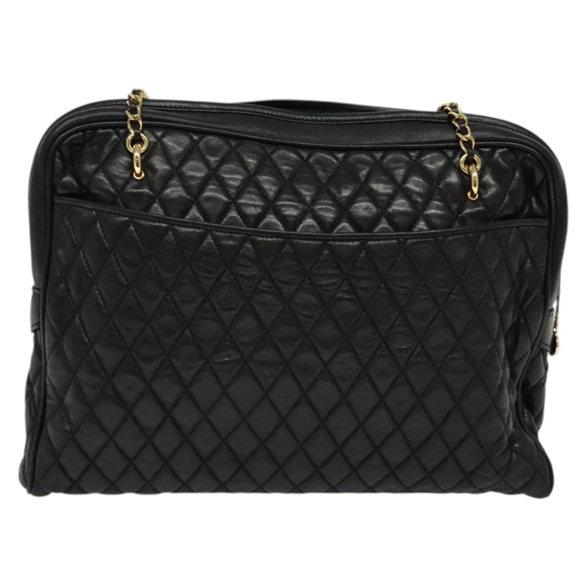 BALLY Chain Quilted Shoulder Bag Leather Black Gold Auth BA3081