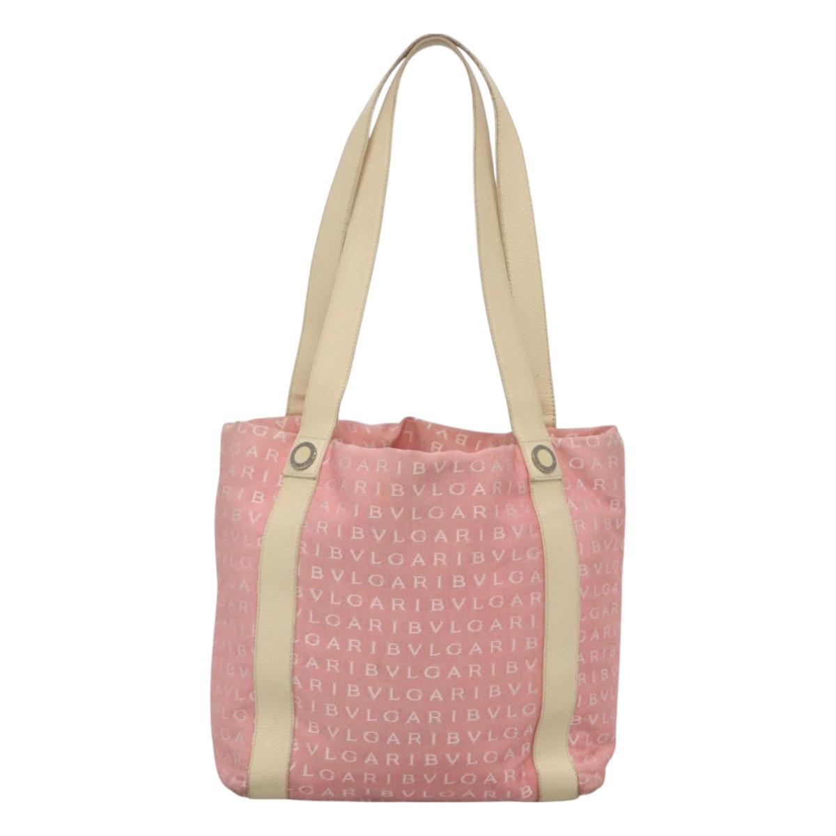 BVLGARI Logo Mania Tote Bag Canvas Pink Silver Auth BA3106