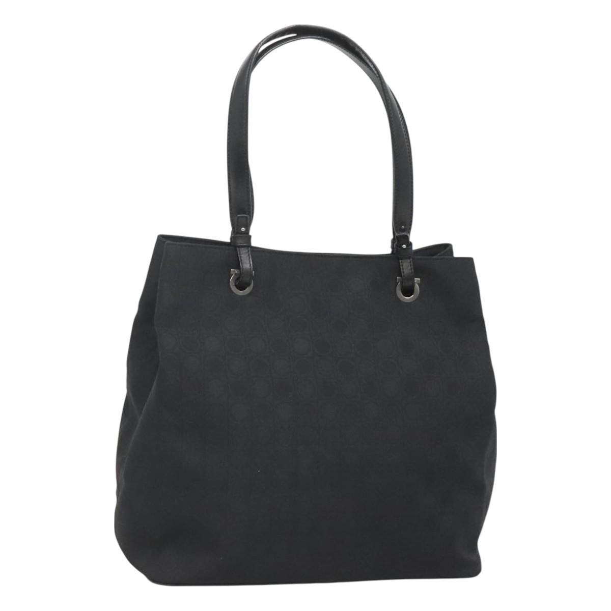 Salvatore Ferragamo Gancini Tote Bag Canvas Black Silver Auth BA3107