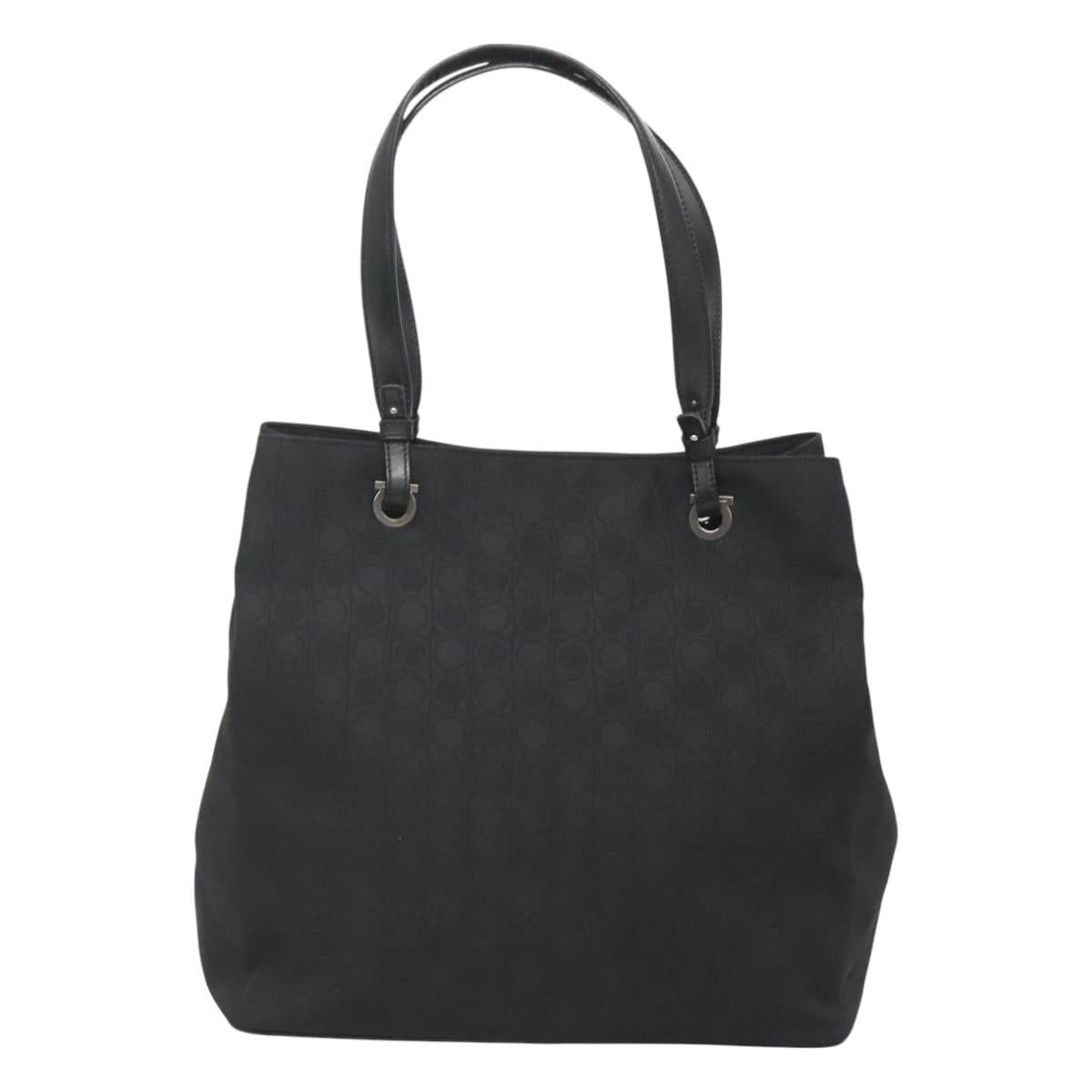 Salvatore Ferragamo Gancini Tote Bag Canvas Black Silver Auth BA3107
