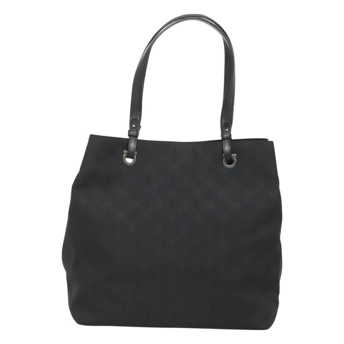 Salvatore Ferragamo Gancini Tote Bag Canvas Black Silver Auth BA3107