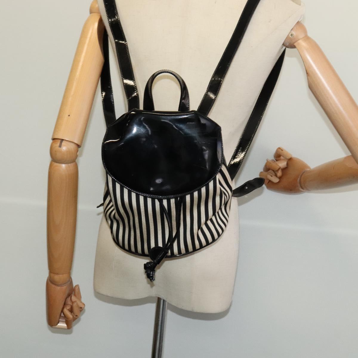 Salvatore Ferragamo Backpack Patent Canvas Black Gold Auth BA3113