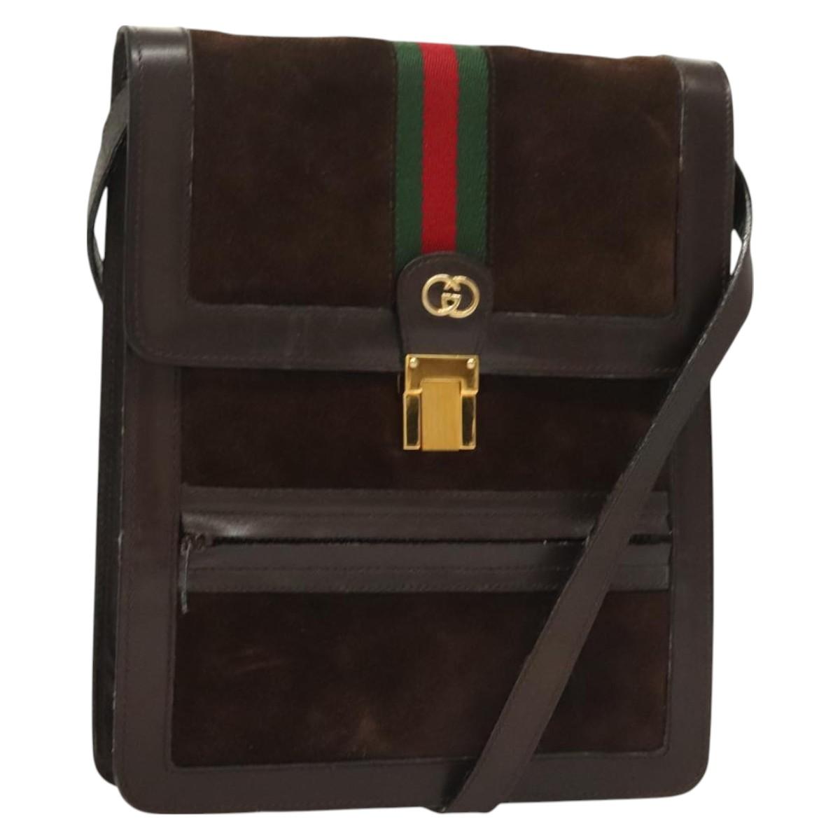 GUCCI GG Canvas Web Sherry Line Bag Suede Leather Dark Brown gold Auth BA3132